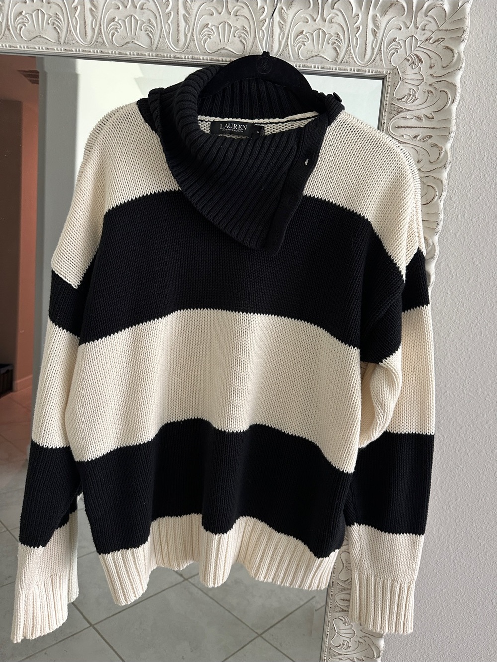 Lauren Ralph Lauren Black and Cream Wide Stripe Chunky Knit Cotton  Sweater